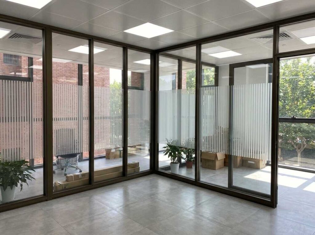 sandblast kaca partisi kantor Bali