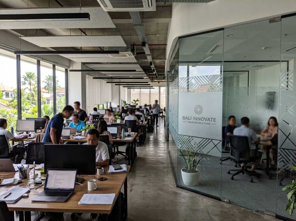 Pengaplikasian branding kaca kantor profesional pada sekat partisi di kantor Bali.