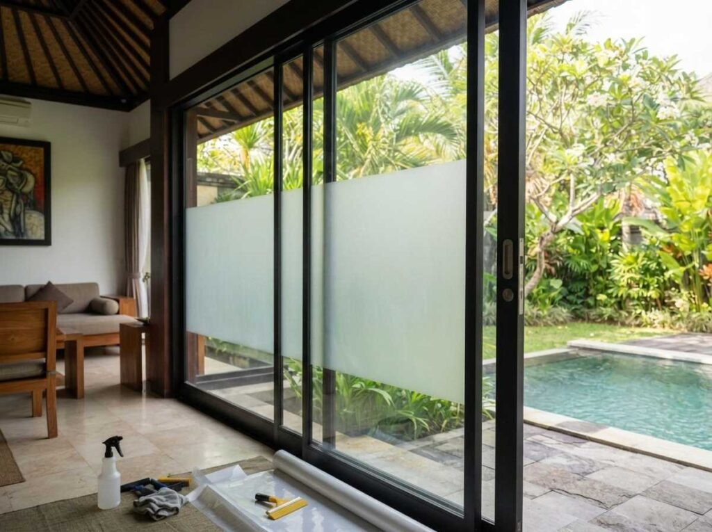 spesialis sandblast kaca bali stiker buram presisi pada pintu kaca vila.