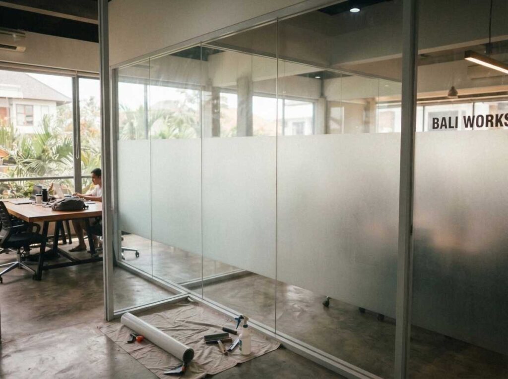 Jasa sandblast kaca kantor bali sedang mengerjakan pelapisan stiker buram partisi ruang rapat.