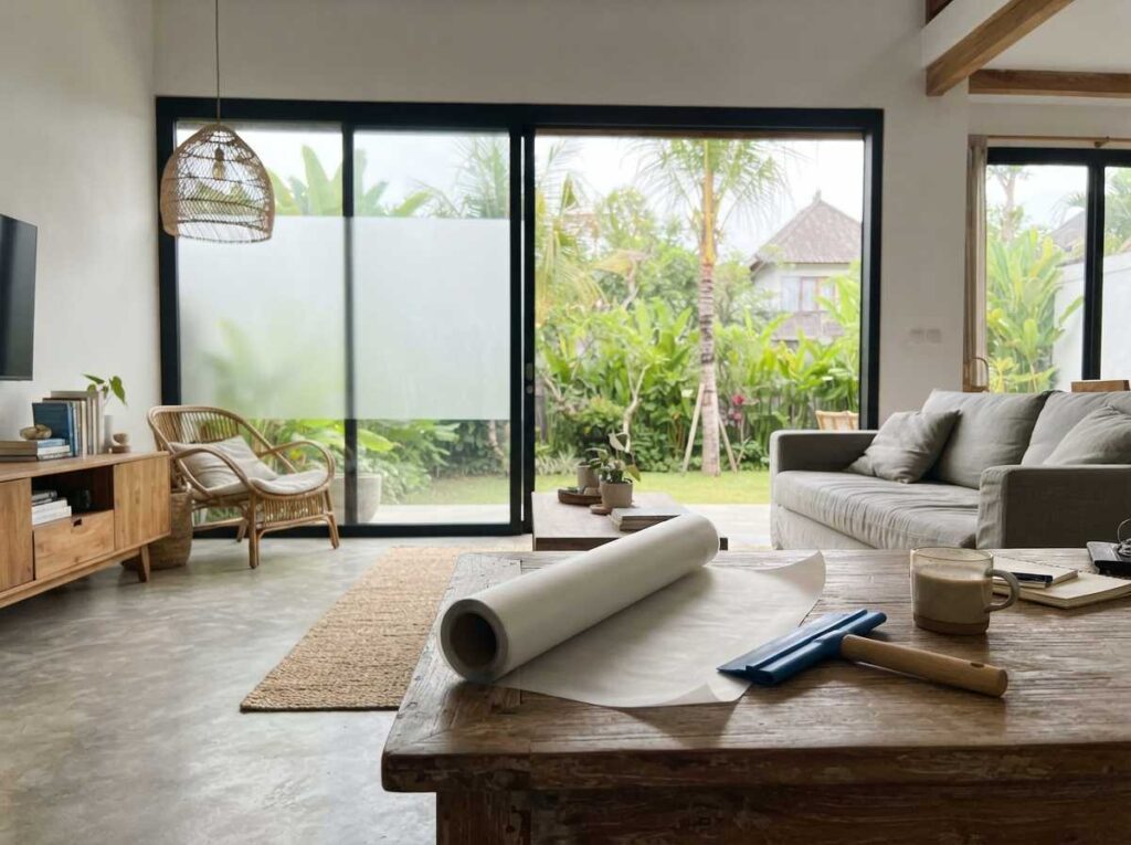 Produk stiker kaca sandblast memberikan pencahayaan lembut dan privasi pada rumah di Bali.