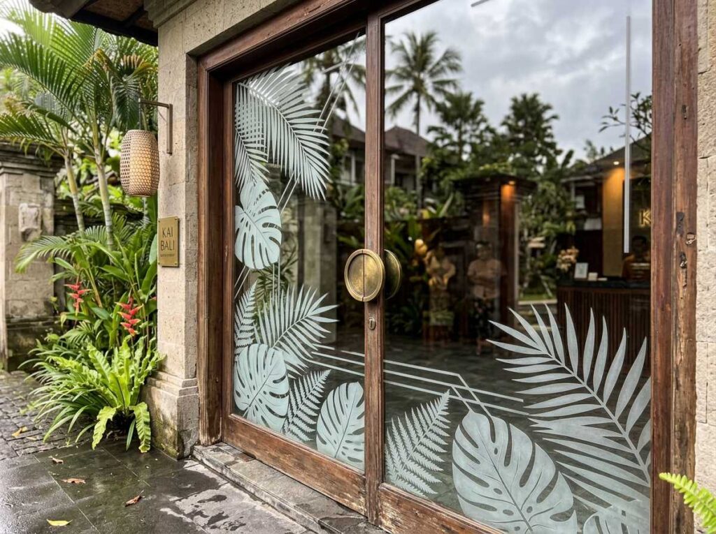 Implementasi tips memilih motif sandblast kustom bertema tropis pada pintu kaca masuk utama properti di Bali.