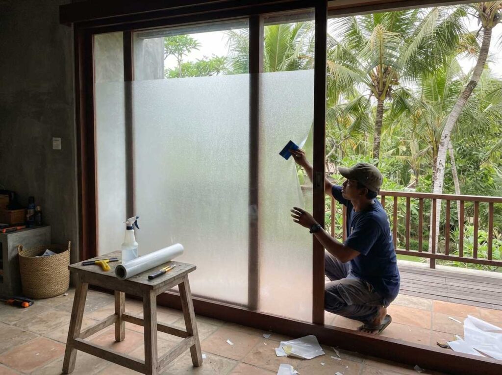 Tukang pasang sandblast bali sedang memproses instalasi stiker kaca es rapi pada vila.